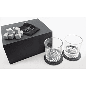 Lazerburst Whiskey Set with Two 9 oz. Glasses, Two 4" Slate Coasters, and Eight Granite Whiskey Stones with a Black Velvet Bag