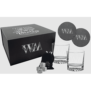 Lazerburst Whiskey Set with Two 9 oz. Glasses, Two 4" Slate Coasters, and Eight Granite Whiskey Stones with a Black Velvet Bag